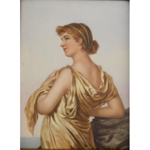 527 - A 19th century rectangular porcelain plaque, decorated with a woman in a gold robe, 9ins x 7ins