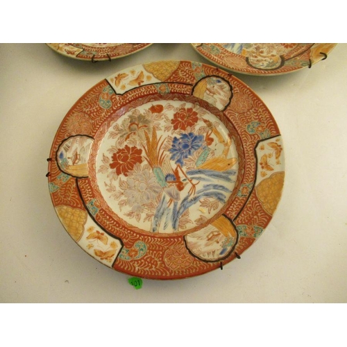 537 - Three similar satsuma style dishes decorated with birds to central panel width 10ins and down togeth... 