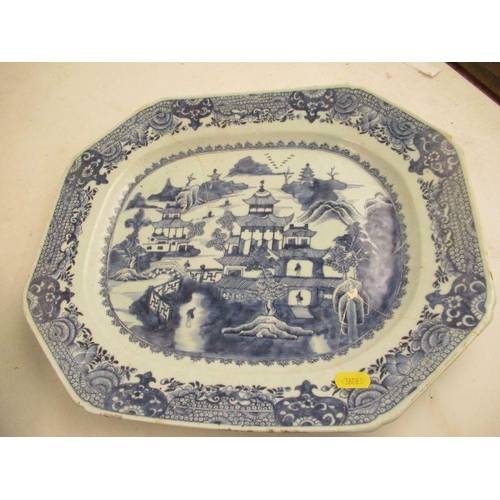 540 - An 18th century Chinese blue and white charger badly AF, together with a dish, a plate decorated wit... 