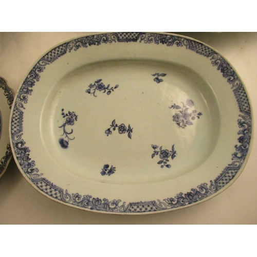 540 - An 18th century Chinese blue and white charger badly AF, together with a dish, a plate decorated wit... 