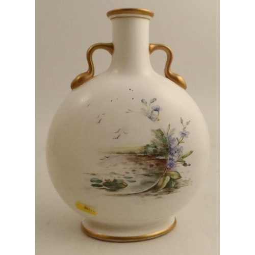 546 - A 19th century moon flask, the front decorated with game birds in landscape, the reverse with a pond... 