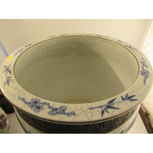 551 - A late 19th century/early 20th century Chinese fish or carp bowl, decorated with a panel of foliage ... 