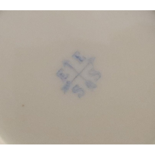 568 - Six cased Continental porcelain cups and saucers, in blue and white with sliver overlay, printed EES... 