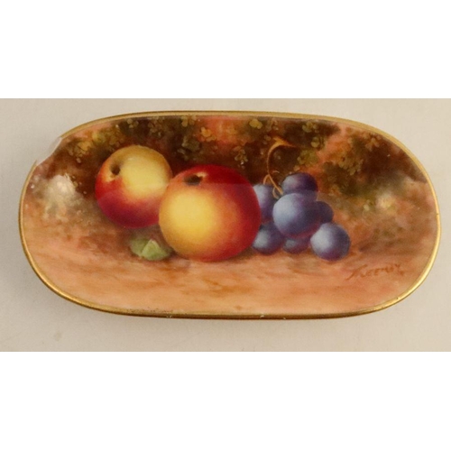 580 - A Royal Worcester cup and saucer, the exterior of the cup and the saucer decorated with fruit to a m... 