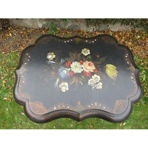 59 - A Victorian paper mache tilt top table, heavily painted and inlaid gilt decoration, width 29ins, hei... 