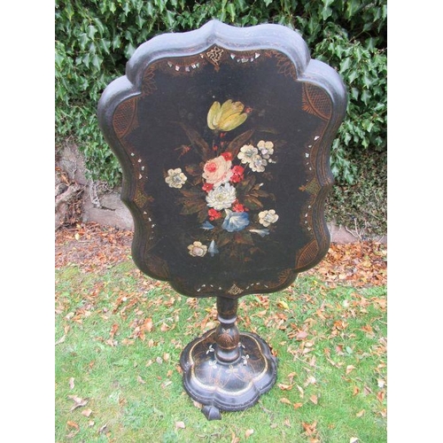 59 - A Victorian paper mache tilt top table, heavily painted and inlaid gilt decoration, width 29ins, hei... 