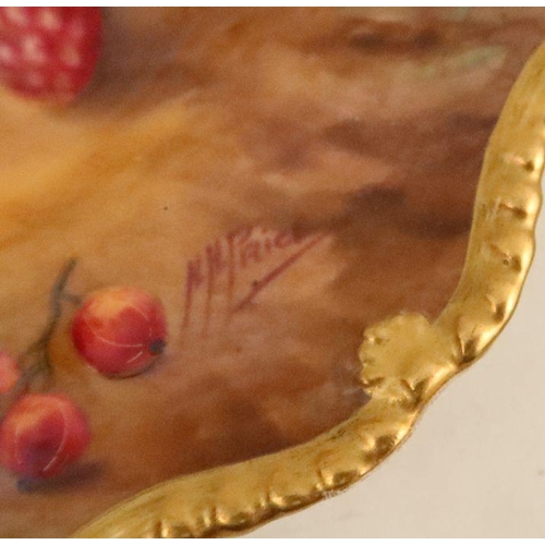 593 - A Royal Worcester cabinet plate, decorated with fruit to a mossy background by H H Price, with shape... 