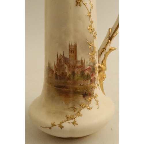 604 - A pair of Graingers Worcester gilded ivory jugs, decorated with a view of Worcester and Stratford-on... 