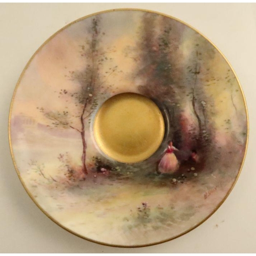 606 - A Royal Worcester saucer, decorated with Corot style landscape by Harry Davis, together with a toby ... 