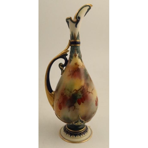 607 - A Royal Worcester ewer, decorated with peacocks in trees in the Hadley style, shape number H242, hei... 