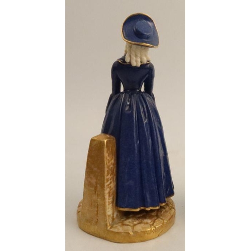 621 - Two Royal Worcester James Hadley figures, Lady, (companion figure to Gallant), in a blue dress, on g... 