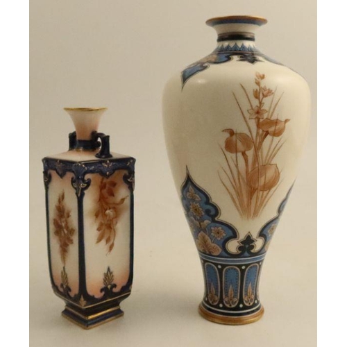 623 - Two Hadley's Worcester vases, both decorated in sepia, one with a stork, the other of square form de... 