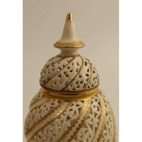 625 - Two Graingers Worcester reticulated covered vases, one in ivory the other in blush ivory, af