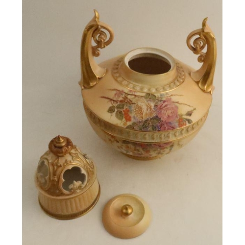 626 - A Royal Worcester blush ivory pot pourri, with cover and inner cover, decorated with flowers, shape ... 