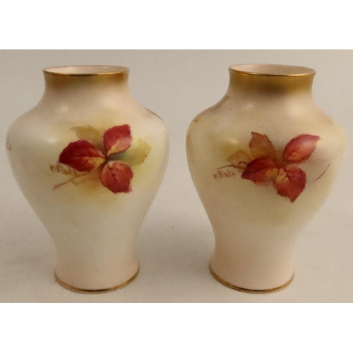 632 - Two Royal Worcester vases, decorated with Autumnal leaves and berries by K Blake, shape number 2491 ... 