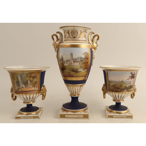 635 - A Chamberlains Worcester garniture of vases, the central vase decorated with a named view of Font Hi... 