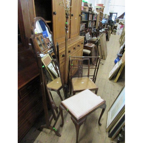 74 - A collection of furniture to include standard lamp, cheval mirror, caned seat chair, stool and a tow... 