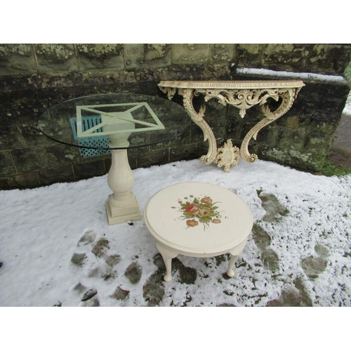 92 - A glass topped table, with metal base, together with a consol table and a coffee table