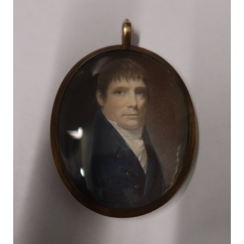 254 - Oval miniature of a gentleman in a yellow metal frame the case labelled Thomas Baxter of Worcester  ... 