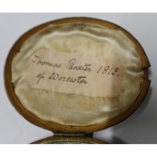 254 - Oval miniature of a gentleman in a yellow metal frame the case labelled Thomas Baxter of Worcester  ... 