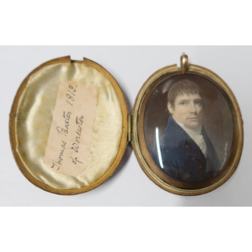 254 - Oval miniature of a gentleman in a yellow metal frame the case labelled Thomas Baxter of Worcester  ... 