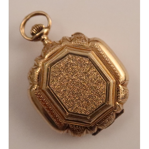 367 - A Continental yellow gold cased fob watch, the front cover inset with an enamel plaque depicting a c... 