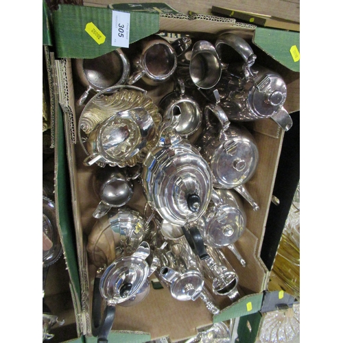 305 - A box of assorted silver plate to include tea set etc