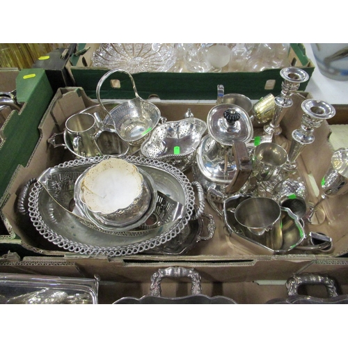 307 - 2 boxes of assorted silver plate including candle sticks, tureens and baskets