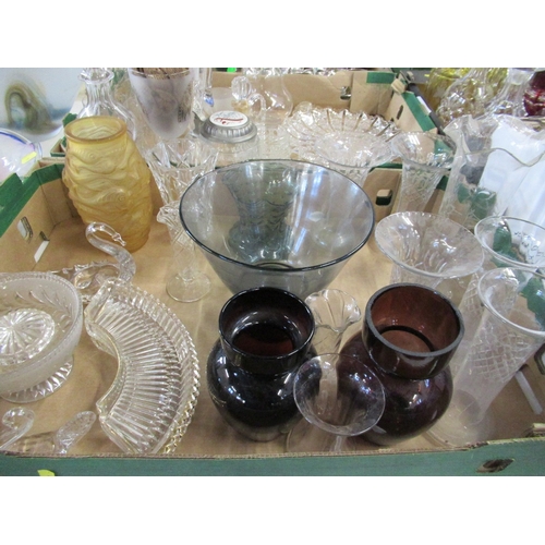 518 - 2 boxes of assorted glass to include decanters, vases, pressed glass vase decorated with fish etc