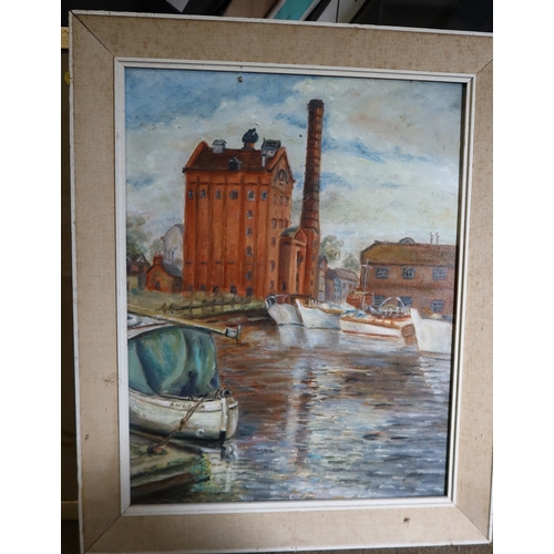 130 - Joan B Ticer, a Chinese brush picture, together with a watercolour of Bisley a docks scene and a pri... 