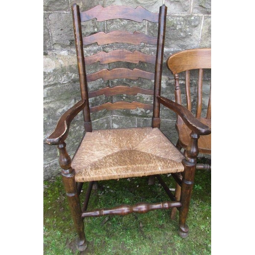 15 - A ladder back armchair, together with 3 kitchen chairs