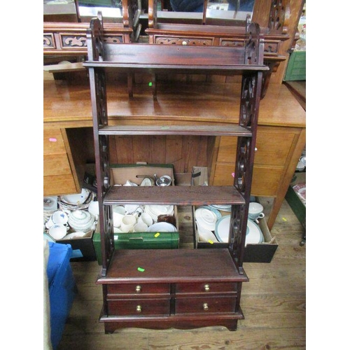 23 - A pair of mahogany wall shelves, with pierced shaped sides, fitted with two small drawers, height 37... 