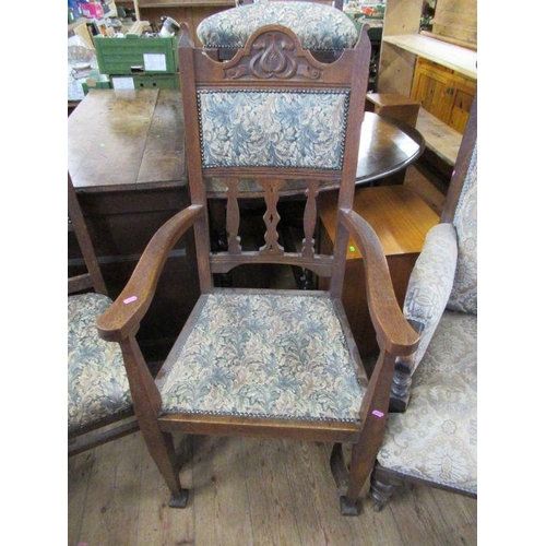 38 - An Edwardian open arm chair together with another open arm chair with carved decoration,  with two m... 