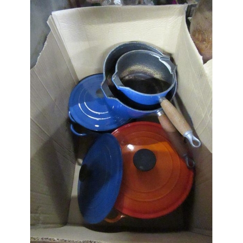 450 - A group of Le Creuset, to include two blue sauce pans and three covered casserole dishes