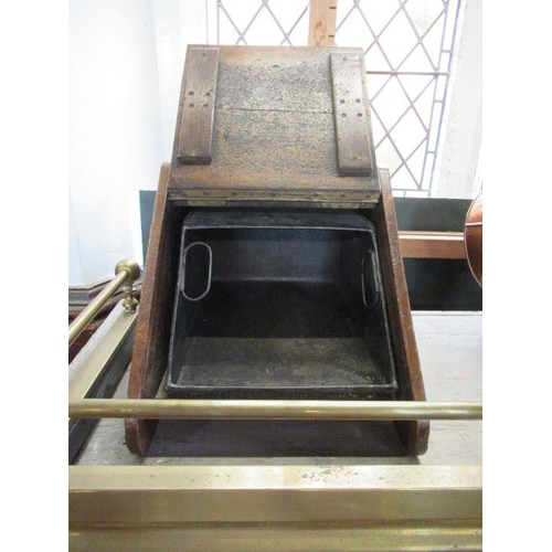 6 - An oak coal scuttle, together with a copper example, warming pan, pump and brass fire surround