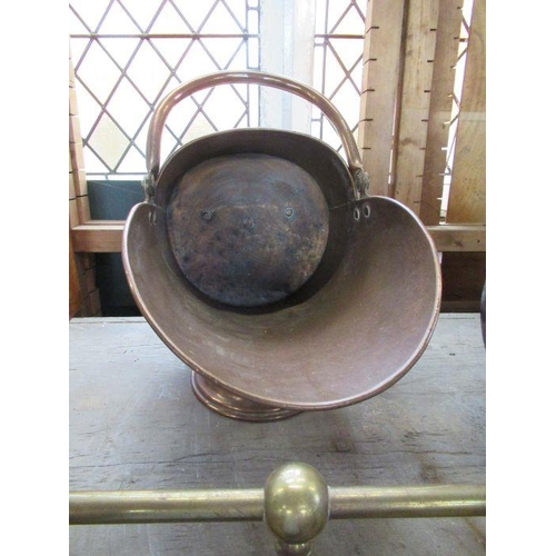 6 - An oak coal scuttle, together with a copper example, warming pan, pump and brass fire surround