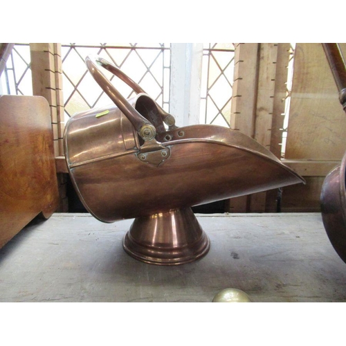 6 - An oak coal scuttle, together with a copper example, warming pan, pump and brass fire surround