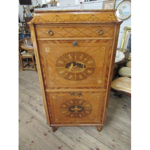 32 - A satinwood and marquetry inlaid cabinet, inlaid all round, fitted with one long drawer over a fall ... 