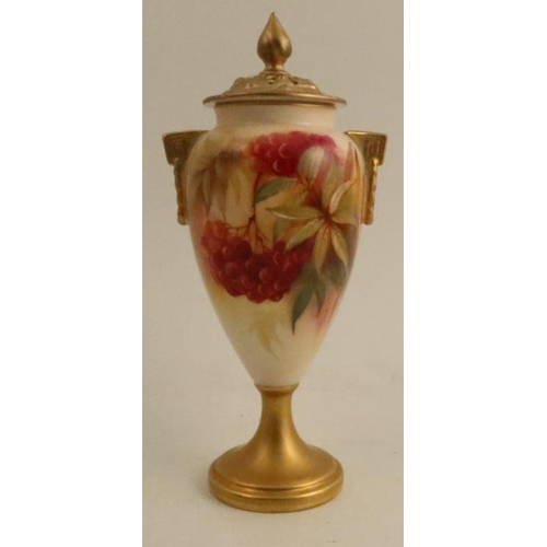 381 - A Royal Worcester covered vase, decorated with with fruits and leaves to the front by Kitty Blake, h... 