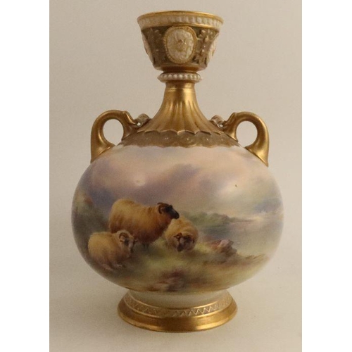 382 - A Royal Worcester vase, painted with sheep in a landscape with a river by Harry Davies, shape number... 