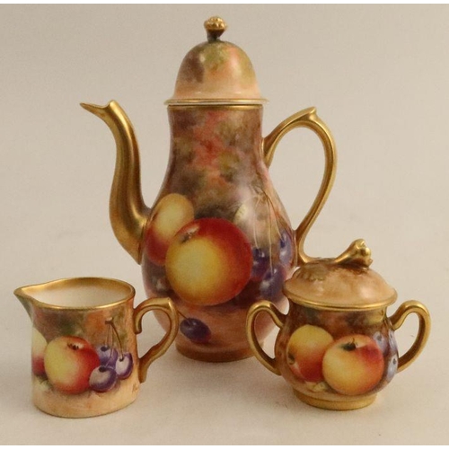 385 - A Royal Worcester miniature coffee set, consisting of coffee pot, sugar box and cover, milk jug and ... 