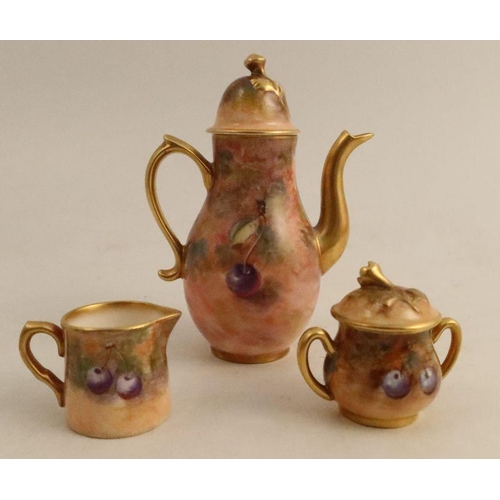 385 - A Royal Worcester miniature coffee set, consisting of coffee pot, sugar box and cover, milk jug and ... 