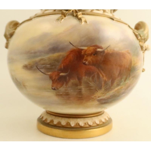 389 - A Royal Worcester Bow vase and cover, with twin handles, painted with Highland cattle in a landscape... 