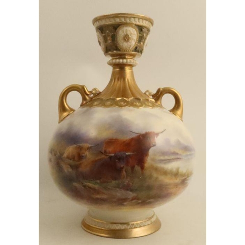 390 - A Royal Worcester vase, painted with Highland cattle in a landscape, by John Stinton, height 14ins -... 