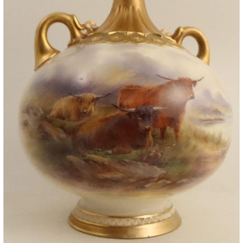 390 - A Royal Worcester vase, painted with Highland cattle in a landscape, by John Stinton, height 14ins -... 