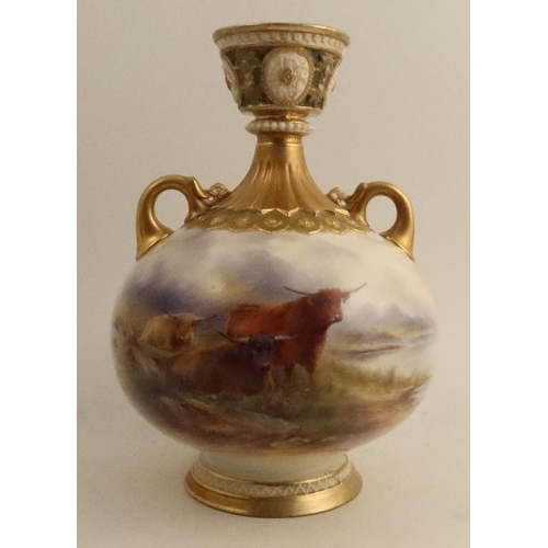 390 - A Royal Worcester vase, painted with Highland cattle in a landscape, by John Stinton, height 14ins -... 