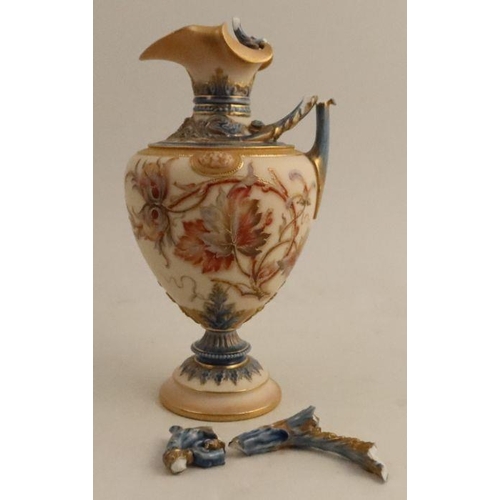 393 - A Royal Worcester ewer, decorated with enamelled leaves, shape number 1309, af - handle broken and i... 