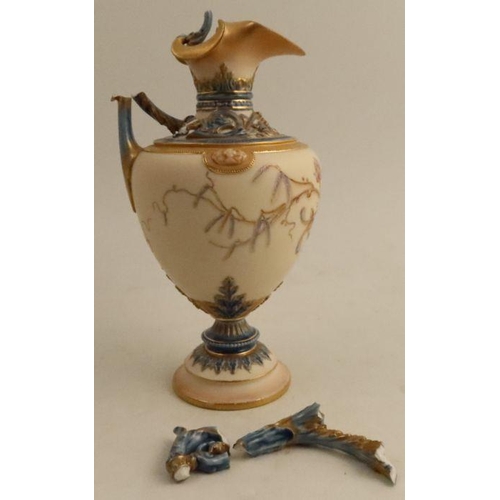 393 - A Royal Worcester ewer, decorated with enamelled leaves, shape number 1309, af - handle broken and i... 