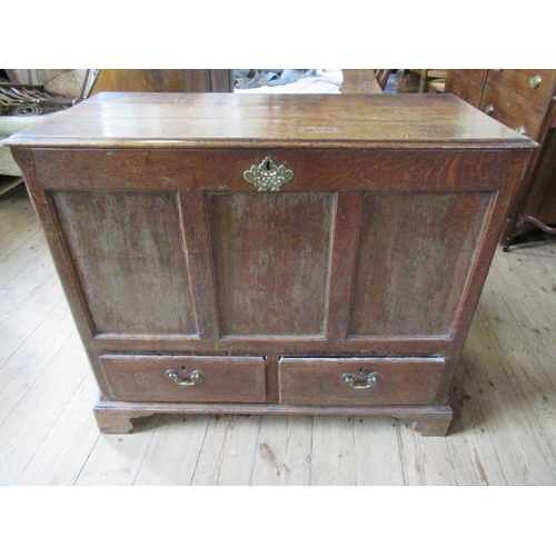 53 - An Antique oak mule chest, having rising lid over two short drawers, also having a side panel which ... 