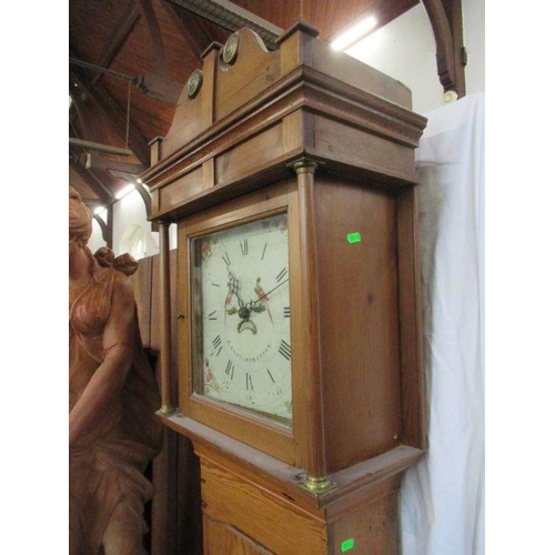 76 - A 19th century pine cased long case clock, the painted dial decorated with flowers and birds, signed... 